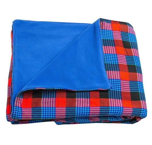 Blue & Red Plaid Dual-Layer Maasai Blanket